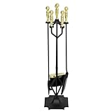 hykolity 5 Pcs Fireplace Tool Set, 32' Heavy Duty Wrought Iron Fire Place Set Tools with Poker, Broom, Shovel, Tong & Base, Hearth Accessories for Indoor/Outdoor Usage - Gold