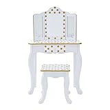 Teamson Kids Pretend Play Kids Vanity Table and Chair Vanity Set with Mirror Makeup Dressing Table with Drawer Fashion Polka Dot Prints Gisele Play Vanity Set White Gold