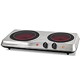 Ovente Electric Double Infrared Burner 7.75 & 6.75 Inch Ceramic Glass Hot Plates Cooktop, 5 Level Temperature Control & Easy Clean Stainless Steel Base, Portable Stove Dorm & Office, Silver BGI102S