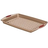 Rachael Ray Cucina Nonstick Bakeware Set with Grips, Nonstick Cookie Sheet / Baking Sheet with Crisper Pan - 2 Piece, Latte Brown with Cranberry Red Handle Grips