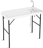Fish Cleaning Table with Sink and Sprayer, Portable Folding Table, Standard Garden Connection, Stainless Steel Faucet, Camping Table with Sink, Suitable for Camping Picnic Kitchen Garden