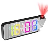 GuDoQi Projection Alarm Clock, Colorful LED Clock for Bedroom, Digital Projection Clock on Ceiling Wall with Large Number, Temperature, 12/24H Display, Mirror Surface, Adjustable Brightness, Snooze