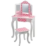 Teamson Kids Pretend Play Kids Vanity, Table and Chair Vanity Set with Mirror Makeup Dressing Table, with Drawer Fashion Polka Dot Prints Gisele Vanity Set, Pink White