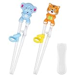 Quimoy 2 Pairs Kids Chopsticks, Training Chopsticks for Kids, Cute Animal Cartoon Design Chopsticks for Learning and Training -Yellow Tiger & Blue Elephant