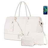 ETRONIK Weekender Bag with Crossbody Bag, Large Travel Duffle Bag with Shoe Compartment & Wet Pocket, Overnight Bag for Women Carry On Tote Bag Gym Duffel Bag with Makeup Bag 5 Pcs Sets, Large, Beige