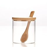 300ML/10Oz Clear Glass Jar with Bamboo Lid and Wooden Spoon, Cute Sugar Bowl Bath Salt Storage Canister Seasoning Container Condiment Pot with Scoop for Spice, Pepper for Kitchen, Table, Countertop