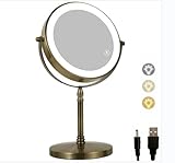 Gecious Antique Brass Makeup Mirror with Light 1X/10X Free Standing 8 Inches 360 Swivel Dual-Sided Tabletop Makeup Mirror, Metal