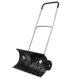Goplus Rolling Snow Pusher Shovel, Handle Adjustable Snow Removal Tool, Manual Push Plow with 6-Inch Wheels for Driveway Pavement Stoop (Black)