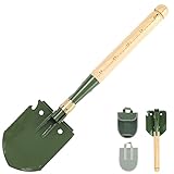 Mastiff Gears ® Wooden Handle Folding Survival Shovel w/Pick - Heavy Duty Carbon Steel Military Style Entrenching Tool for Off Road, Camping, Gardening, Beach, Digging Dirt, Sand, Mud & Snow