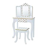 Teamson Kids Princess Gisele Polka Dot Print 2-Piece Kids Wooden Play Vanity Set with Vanity Table, Tri-Fold Mirror, Storage Drawer, and Matching Stool, White with Gold Polka Dot Accent
