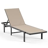 Aluminum Chaise Lounge Chair Outdoor, Patio Lounge Chair with Adjustable 5-Position Recliner and Full Flat Tanning Chair for Patio, Beach, Pool, Khaki