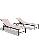 Crestlive Products 2PCS Patio Chaise Lounges and 1PC Table Set Aluminum Adjustable Lounge Chairs with Tempered Glass Side Table, Curved Design, All-Weather Outdoor Recliners (Beige)