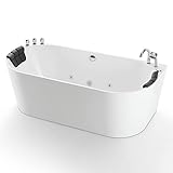 Whirlpool Bathtub 67 in. Acrylic Freestanding Bath Tub Hydromassage Gracefully Oval Shaped 8 Water Jets Soaking SPA, Double-Ended Massage Bathtubs with Two Black Pillow , White