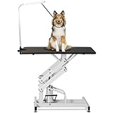 Unovivy Hydraulic Grooming Table for Large/Medium Dogs, Dog Grooming Table for Small Dogs at Home, Heavy Duty Pet Grooming Table with Adjustable Overhead Arm and Noose, Range 21-36 Inch, Black White