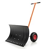 Goplus 29' Snow Shovel for Driveway with Wheels, Heavy-Duty Snow Plow Shovel w/Ergonomic Adjustable Angle Height for Snow Removal Clear, Wheeled Rolling Snow Pusher Garden Pavement (T-Shaped Handle)