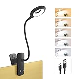 HECDSTLY Clip on Reading Light for Bed Headboard, Battery Rechargeable Clamp Book Lights - 5 Colors 5 Brightness, Flexible Arm Desk Lamp for Kids Bunk Metal Bedframe (Black)