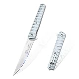 Pocket Knife 3.7', Slim Flipper Folding Knife with Glass Breaker Tit, D2 Blade, Light Blue Anodized Aluminum Handle with Tip Up Carry Clip, Liner Lock, Everyday Carry EDC Tool Spring Assisted Knife