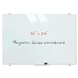 Magnetic Glass Whiteboard, Wall Mounted Glass Dry Erase White Board, Frosted White Surface, Frameless Glass Board with 4 markers, 2 Magnets, 1 Eraser, 36 x 24 Inch (90 x 60 cm)