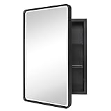 TEHOME Farmhouse Black Metal Framed Recessed Bathroom Medicine Cabinet with Mirror Rounded Rectangle Tilting Beveled Vanity Mirros for Wall 16x24 inch