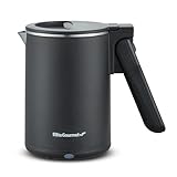 Elite Gourmet EKT719 Dual Volt 110-220V, Travel Double Wall Insulated Cool-Touch, 0.6L Electric Kettle, Stainless Steel Interior, Hinged-Locking Lid, Retractable Handle, Auto Shut-Off, Boil Dry, Black