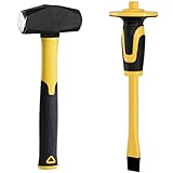 KURUI 3lb Sledge Hammer & Flat Chisel with Hand Protection for Tile/Rock/Masonry/Concrete/Brick/rockhounding, Mason Flat Head Chisel & Small Drilling Hammer with Anti-Slip Handle
