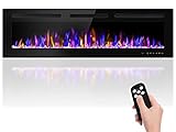BETELNUT 60' Electric Fireplace Wall Mounted and Recessed with Remote Control, 750/1500W Ultra-Thin Wall Fireplace Heater W/Timer Adjustable Flame Color and Brightness, Log Set & Crystal Options
