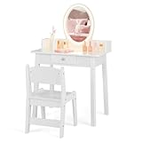 Costzon Kids Vanity, Girls Vanity Set with Mirror and Stool and Lights, Drawer, Jewelry Rack, 2 in 1 Wooden Princess Makeup Desk Dressing Table, Pretend Play Kids Vanity Table and Chair Set (White)