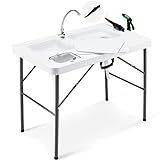 Avocahom 32.5' Folding Fish Cleaning Table Portable Camping Sink Table w/Dual Water Basins, Faucet Drainage Hose & Sprayer Outdoor Fish Fillet Cleaning Station w/Knife