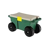 Rolling Garden Cart with Seat - Plastic Storage with Bench and Interior Tool Tray - Gardening Stool for Weeding and Planting by Pure Garden (Green)