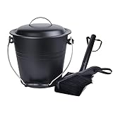Small Size Ash Bucket with Lid and Hand Shovel/Broom with Hang Straps, 1.5 Gallon Mini Ash Bucket with Tools, Charcoal Coal Metal Bucket Ash Can Carrier Pail for Fireplace Fire Pit Hearth Cabin Stove