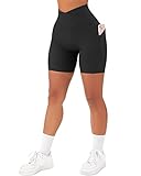 SUUKSESS Women Crossover Workout Shorts with Pockets Ribbed High Waisted Booty Biker Shorts (Black, M)