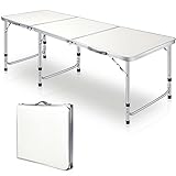 Queekay 6ft Folding Camping Table, Portable Aluminum Folding Table Lightweight Tri Fold Outdoor Table with 3 Adjustable Heights Legs for Picnic, Party, Beach, BBQ, 71 x 24 Inch (1)