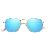 SOJOS Small Square Polarized Sunglasses for Men and Women Polygon Mirrored Lens SJ1072 with Gold Frame/Blue Mirrored Lens