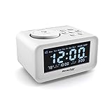 REACHER Small Dual Alarm Clock with FM Radio, Weekday/Weekend, 2 USB Charging Ports, 0-100% Dimmer, Thermometer, 6 Adjustable Volume Sounds, Sleep Timer, Outlet Powered for Bedroom, Bedside, Elderly