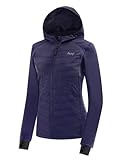 BALEAF Women's Insulated Running Puffer Jackets Hybrid Down Jacket Hiking Stretch Zip Pockets Fleece with Hoodie Cold Weather Dark Blue L