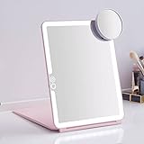 LED Foldable Travel Makeup Mirror - 7x9 inches 3 Colors Light Modes USB Rechargeable Touch Screen, Portable Tabletop Cosmetic Mirror for Travel, Cosmetic, Office (Pink)