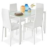 Best Choice Products 5-Piece Glass Dining Set, Modern Kitchen Table Furniture for Dining Room, Dinette, Compact Space-Saving w/Glass Tabletop, 4 Upholstered PU Chairs, Metal Steel Frame - White