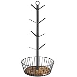 Giikin Coffee Mug Tree Holder, Metal Large Coffee Mug Rack for Counter with Storage Basket, 8 Hooks Mug Cups Display Stand for Kitchen Bar Coffee Nook-Wooden Base( 21.2in)