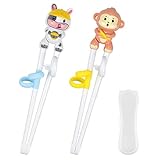Quimoy 2 Pairs Chopsticks for Kids, Kids Chopsticks Training, Cute Animal Cartoon Design Chopsticks for Learning and Training -Yellow Monkey & White Cow