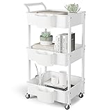 Hamone 3-Tier Utility Rolling Cart,Mobile Utility Cart with Lockable Caster Wheels,Storage Shelves Organizer Cart, 3 Hanging Baskets, Easy Assembly,for Bathroom, Kitchen, Office, Workshop,White