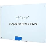 FORTUNO Magnetic Glass Whiteboard 48' x 36' Glass Dry Erase Board, 4' x 3' Wall Mounted Frameless Frosted Glass White Board with Pen Tray and Eraser, for Office School Home, White