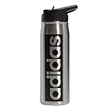 adidas 600 Ml (20 Oz) Straw Top Metal Water Bottle, Hot/Cold Double-Walled Insulated 18/8, Stainless Steel/Black, One Size