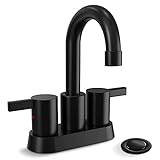 Phiestina 4 Inch 2 Handle Centerset Matte Black Lead-Free Modern Bathroom Faucet, 360 Swivel Spout 2-3 Hole RV Bathroom Vanity Sink Faucet with Pop Up Drain and Water Supply Lines，BF015-1-MB
