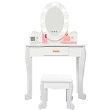 Joyspirit Kids Vanity with Mirror and Stool, Girls Vanity with Touch Light and Wood Makeup Playset, Princess Vanity Table for Toddlers, White