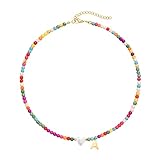 Wellike Initial Necklaces for Women Girls Colorful Beaded Choker Necklace Stainless Steel 18K Gold Plated Y2K Aesthetic Gold Letter Necklace Handmade Boho Summer Necklace Jewelry Gift (A)