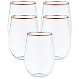48 piece Stemless Unbreakable Crystal Clear Plastic Wine Glasses Set of 48 (10 Ounce - Rose Gold Rim)