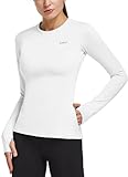BALEAF Women's Thermal Shirts Long Sleeve Workout Tops Running Athletic Zipper Pocket Fleece Lined Cold Weather Gear Winter Thumbholes White M