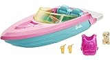Barbie Toy Boat with Pet Puppy, Life Vest and Beverage Accessories, Fits 3 Dolls and Floats in Water