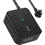 Extension Cord 10 FT, Flat Plug Power Strip Surge Protector with 8 Wide Outlets 4 USB Ports, 3-Side Outlet Extender, Mounted, Overload Protection, for Indoor Home Office, Dorm Room Essentials
