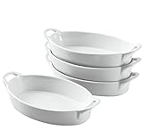 Bruntmor Oval Au Gratin 8'x 5' Baking Dishes, Set of 4 | Lasagna Pan, Ceramic Bakeware Ideal for Christmas Dish. Easy Carry Handles - Table Casserole Serving Dish | Oven To Table (White, 16 Oz)